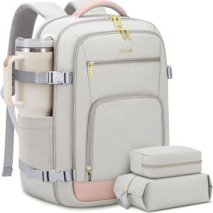Travel Backpack For Women, 40L Carry On Backpack Flight Approved, TSA Personal Item Travel Bag Fits 17 Inch Laptop, Business Weekender Overnight Waterproof Daypack With 2 Cubes, Grey-Pink